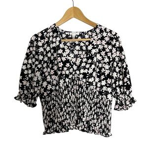 Leith Ruffled Crop Blouse Women's Size L Black White Floral Puff Sleeve Cottage